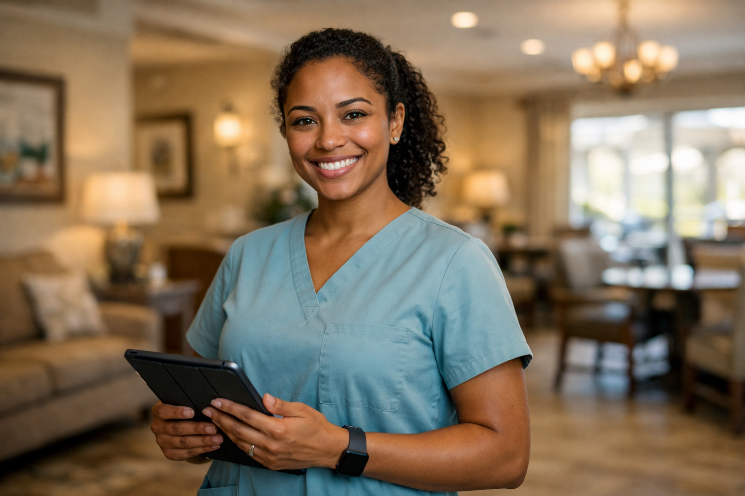 Diverse assisted living professional standing confidently inside a welcoming senior living community in Wildomar California Modern scrubs holding a ta-1