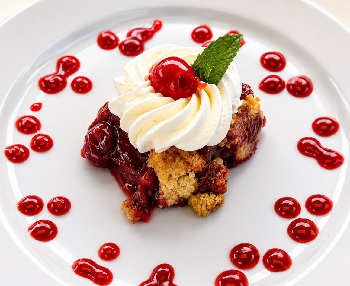 Cherry cobbler topped with whipped cream and a maraschino cherry prepared by Chef Marisol at Wildomar Senior Assisted Living