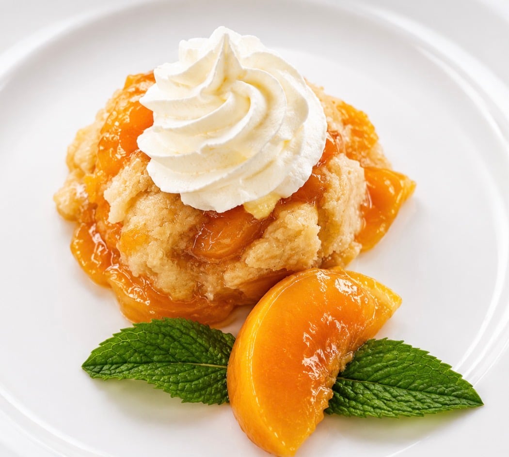 Homemade peach cobbler with whipped cream prepared by Chef Marisol at Wildomar Senior Assisted Living