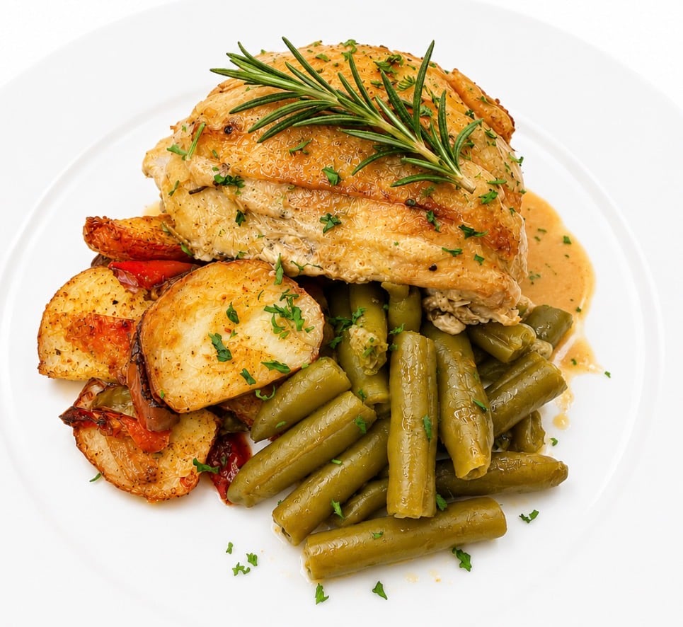 Rosemary roasted chicken with roasted potatoes and green beans prepared by Chef and the award winning team