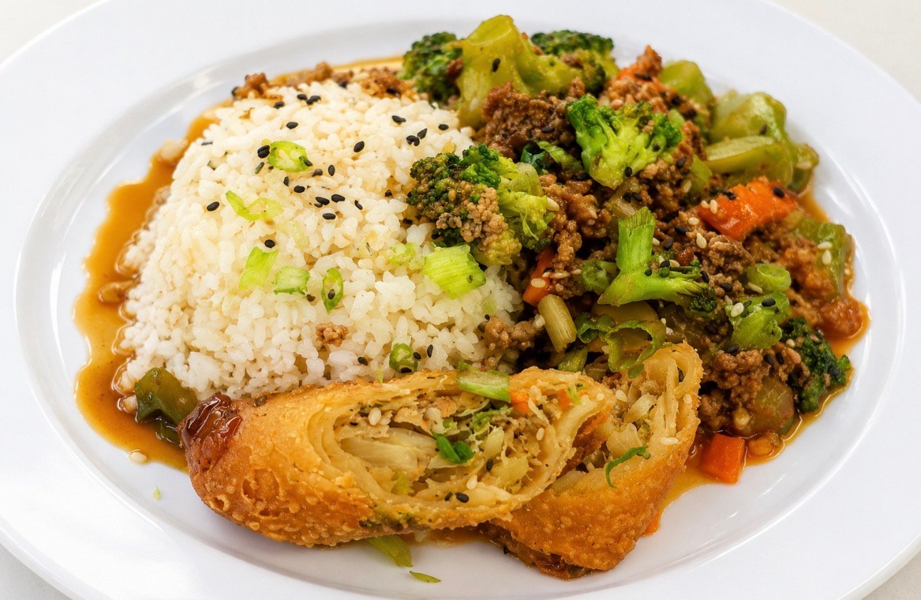 Beef chow mein with vegetable spring roll served at Wildomar Senior Assisted Living in Wildomar, CA