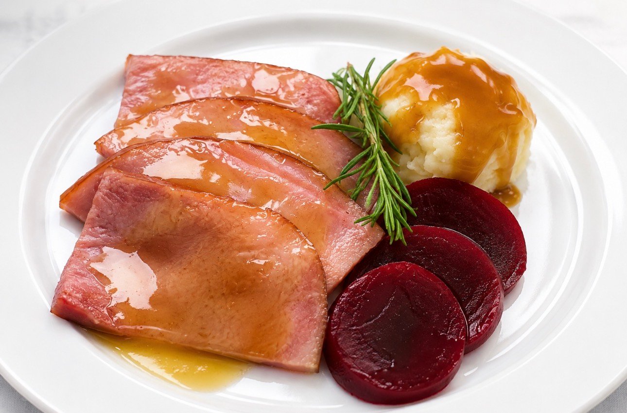 Honey glazed ham with mashed potatoes and roasted beets at Wildomar Senior Assisted Living