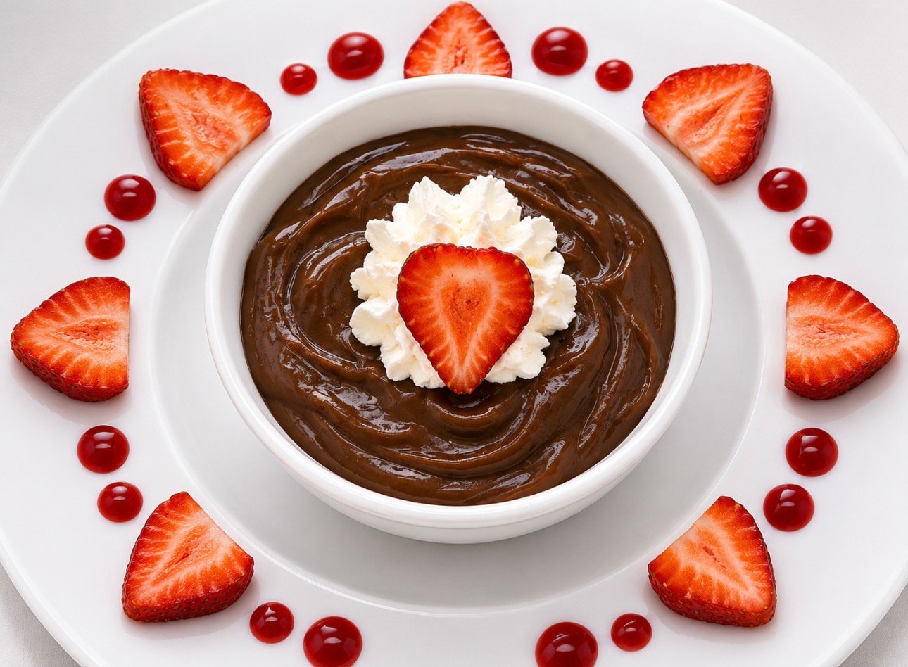 Homemade chocolate pudding topped with whipped cream and fresh strawberries at Wildomar Senior Assisted Living