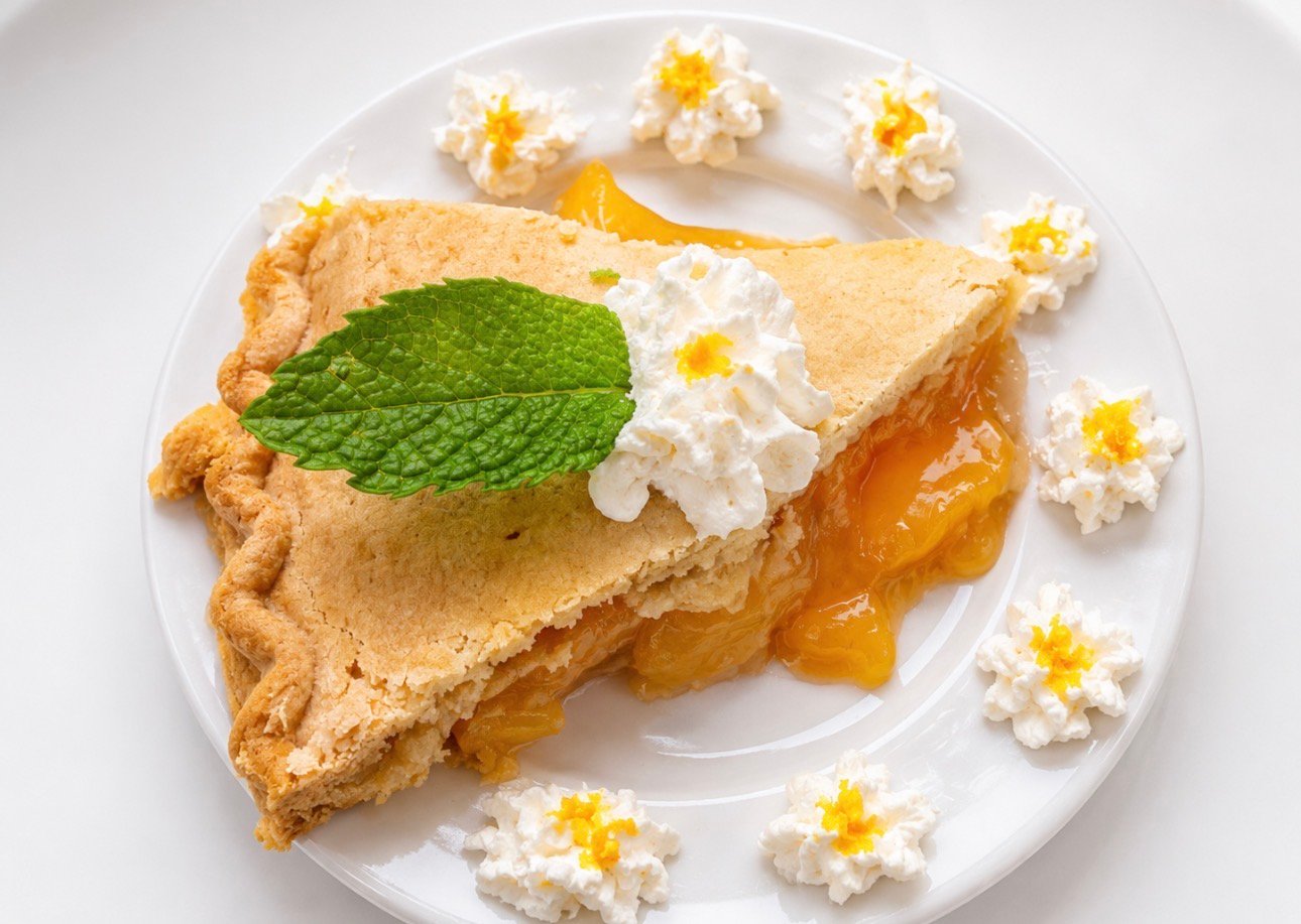 Homemade peach pie with whipped cream prepared by Chef Marisol at Wildomar Senior Assisted Living