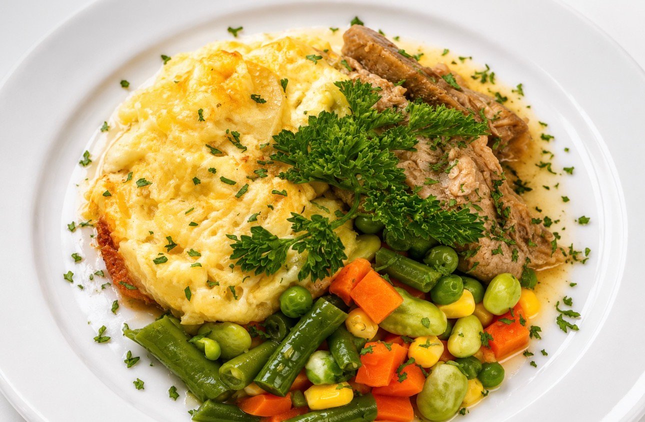 Roast turkey with cheesy scalloped potatoes and mixed vegetables at Wildomar Senior Assisted Living