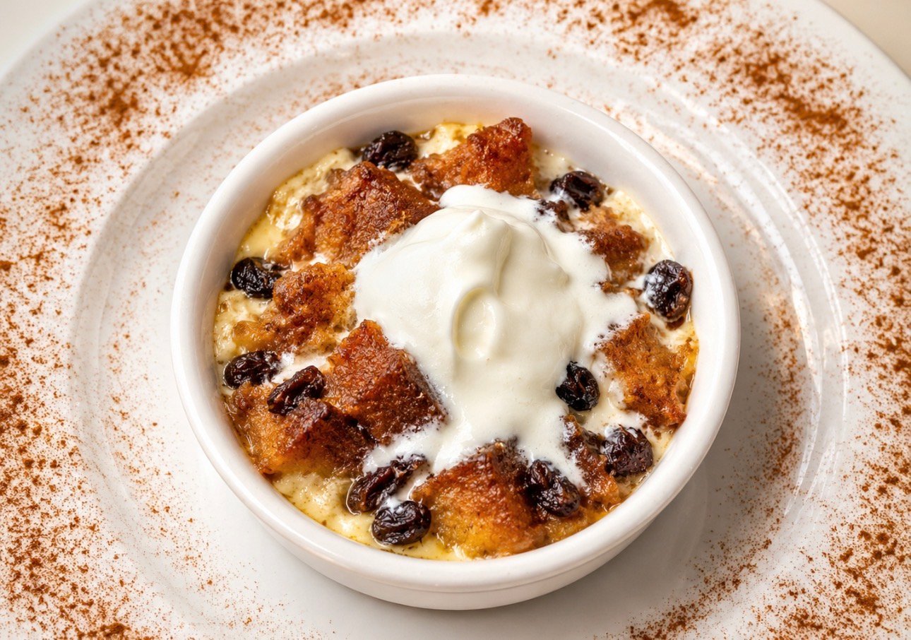 Warm bread pudding with vanilla sauce and raisins served at Wildomar Senior Assisted Living