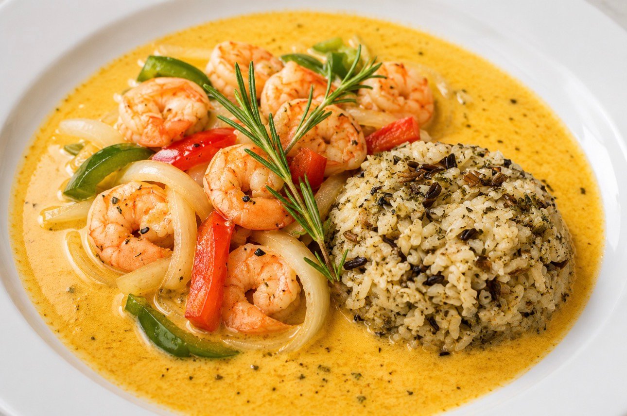 Creamy shrimp with herb rice and sautéed vegetables at Wildomar Senior Assisted Living