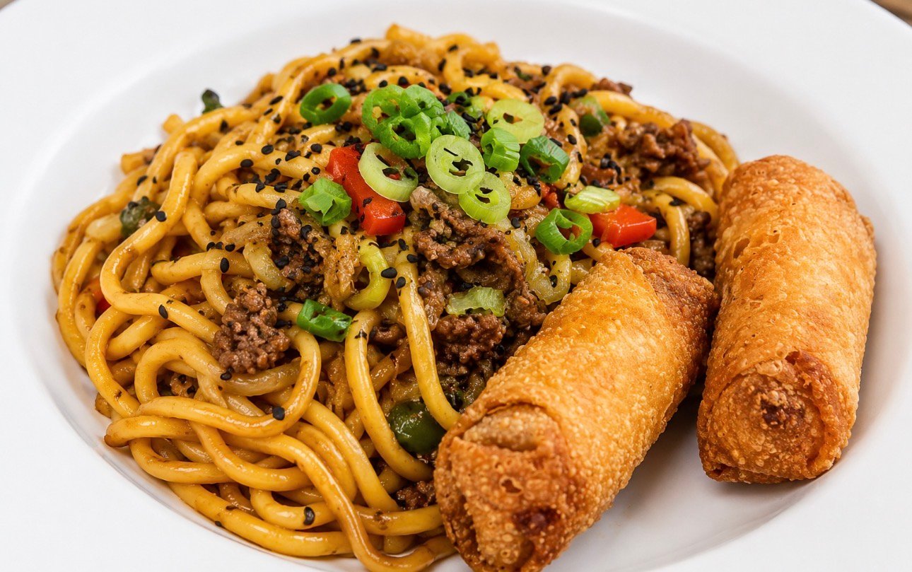 Beef chow mein with vegetable spring roll served at Wildomar Senior Assisted Living in Wildomar, CA