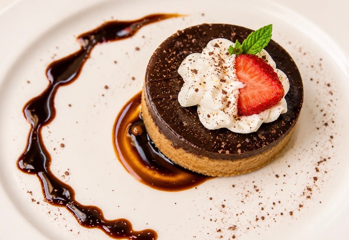 Chocolate cheesecake topped with whipped cream and fresh strawberries prepared by Chef Marisol at Wildomar Senior Assisted Living