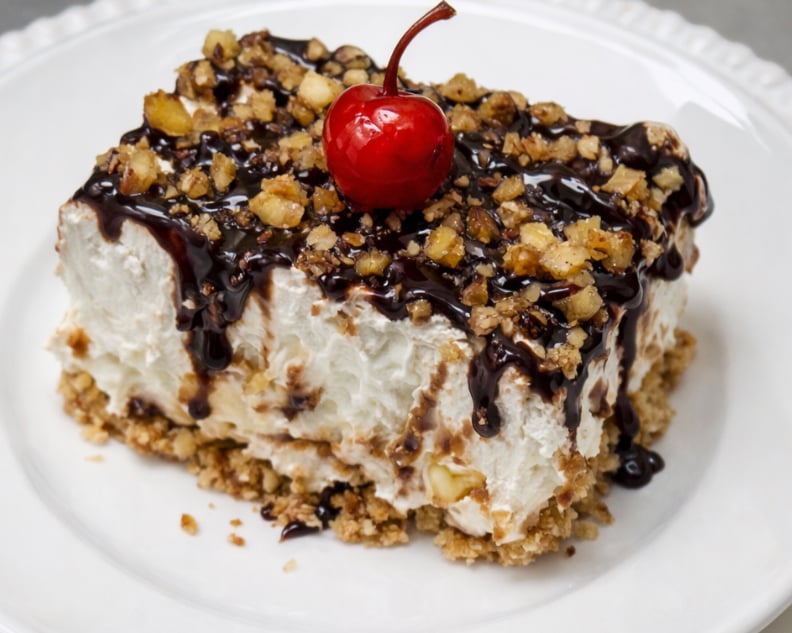 Homemade banana split casserole, layered with bananas, creamy filling, and sweet toppings, which was a pleasant and indulgent finish to the meal.