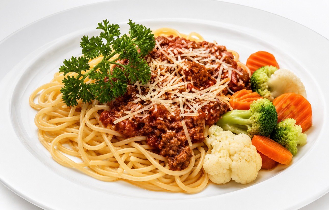 Spaghetti Bolognese with fresh vegetables served at Wildomar Senior Assisted Living
