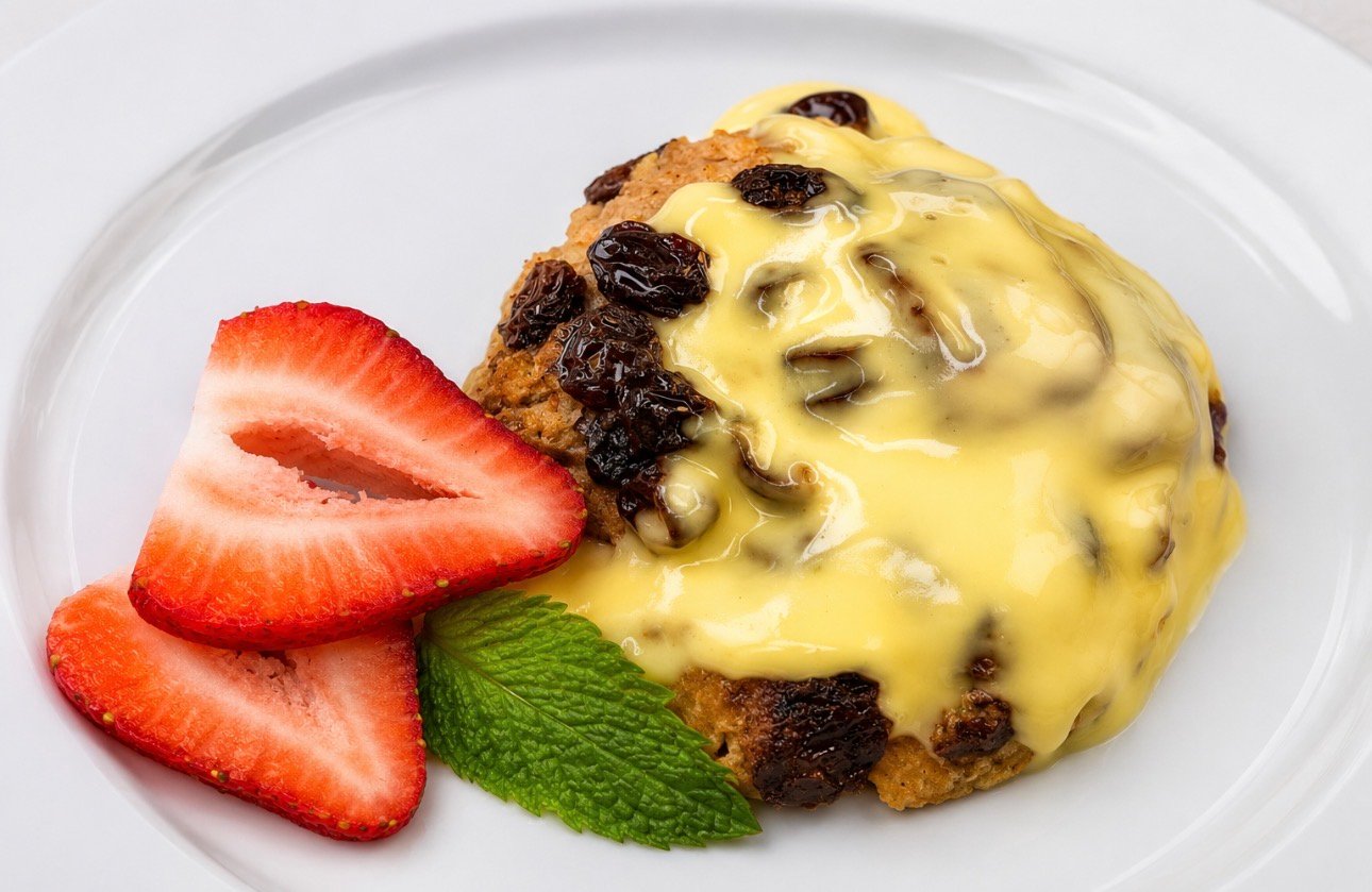 Warm bread pudding with vanilla sauce and raisins served at Wildomar Senior Assisted Living